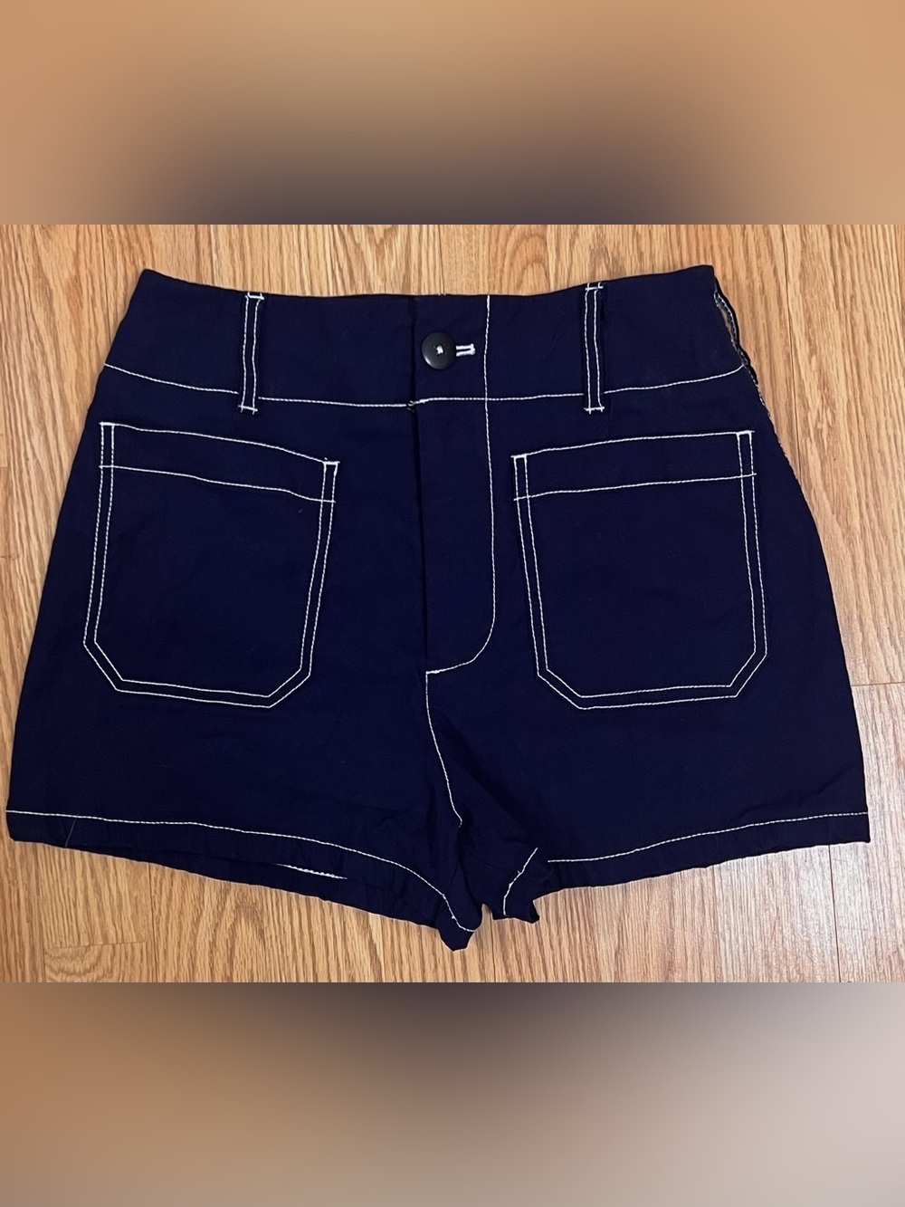Maeve Colette Navy High-Waist Shorts with White Contrast Stitching